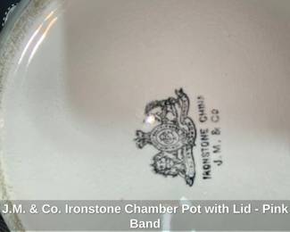 J.M. Co. Ironstone Chamber Pot with Lid Pink Band second image