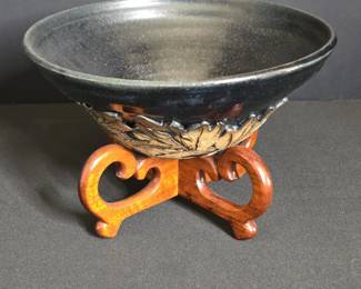 HandCarved Ceramic Bowl with Leaf Motif