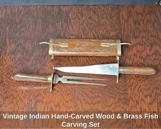 Vintage Indian HandCarved Wood Brass Fish Carving Set third image