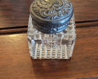 Antique Square Hobnail Glass Inkwell with Ornate Metal Lid