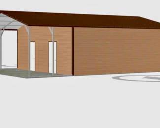 OVERALL SIZE: 24' X 36' X 9' 24' X 26' FULLY ENCLOSED 24' X 10' COVERED OPEN PORCH TAN WALLS BROWN ROOF & TRIM ALL HARDWARE INCLUDED. NEVER ERECTED
