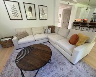 Pottery Barn Sectional Couch, coffee table, framed art