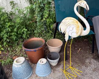 Vintage metal flamingo, various pots