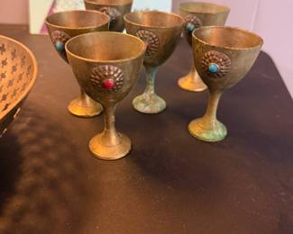 Old Moroccan brass jeweled cordial set