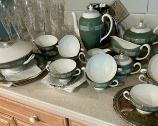 Vintage Green and Gold Greek Key Porcelain Tea Service - Wedgwood Asia Green