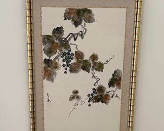 Vintage Japanese Sumi-e Style Botanical Paintings - Wisteria and Grapes