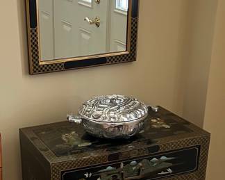 Vintage Chinoiserie Black Lacquer Accent Cabinet with Hand-Painted Scenes