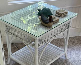 Vintage White Wicker Side Table with Glass Top, Ashley Style