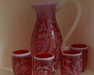 Vintage Fenton Cranberry Opalescent Daisy & Fern Pitcher and Tumbler Set