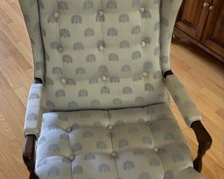 Vintage Queen Anne Style Tufted Wingback Chair with Fan Motif Upholstery