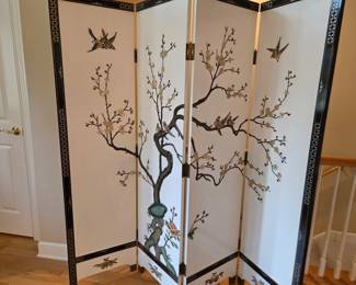 Vintage Chinese Four-Panel White Lacquer Mother-of-Pearl Screen with Birds and Blossoms