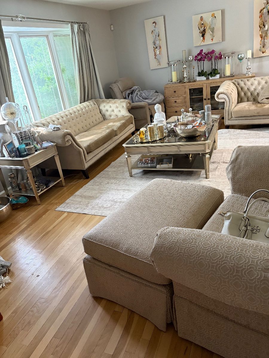 Z Gallerie couch ((light sage color) brand new wrapped cushions never touched (oversized new fabric patterned trellis armchair and ottoman - tan) end table   
