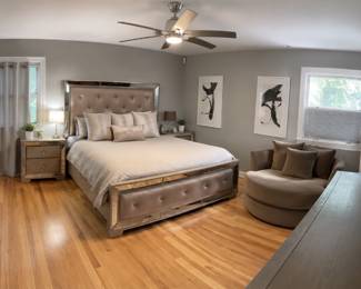 Z Gallerie Ava king bed frame (dresser and nightstands to match swivel chair. Artwork.