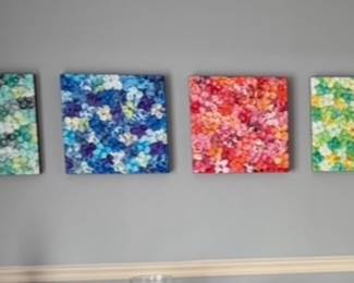 Hand painted with acrylic floral wood panels (40 avail various colors) 16x16. Some larger