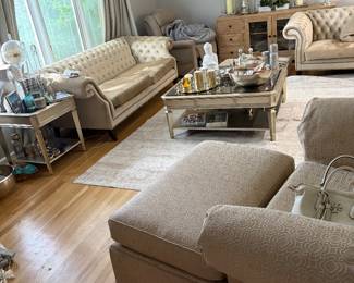 Z Gallerie couch ((light sage color) brand new wrapped cushions never touched (oversized new fabric patterned trellis armchair and ottoman - tan) end table   