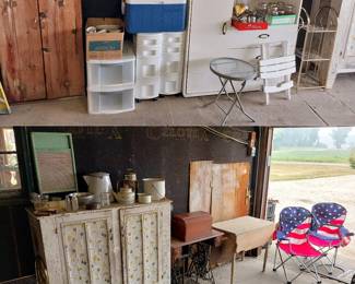 pie safe, drop leaf table, singer treadle sewing cabinet, bag chairs, storage cabinets, canning, Ball jars