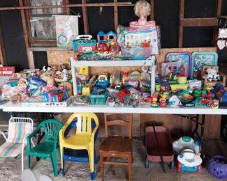 toys books, kids chairs, wagon, Barbie, Fisher Price