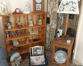 book shelf, clocks, room divider, lamp table