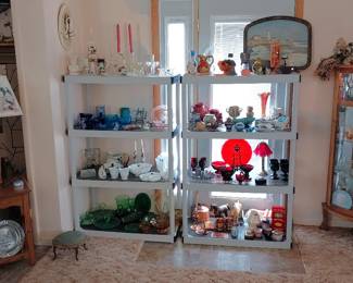 Curio cabinet, room divider, side table lamp, red glass, green glass, milk glass, blue glass, black glass, USA pottery, depression glass, swans