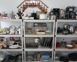 Ninja coffee maker, Maxwell House coffee maker, coffee grinders, crock pots, Rival electric skillet, roasters, cast iron skillets, baking supplies