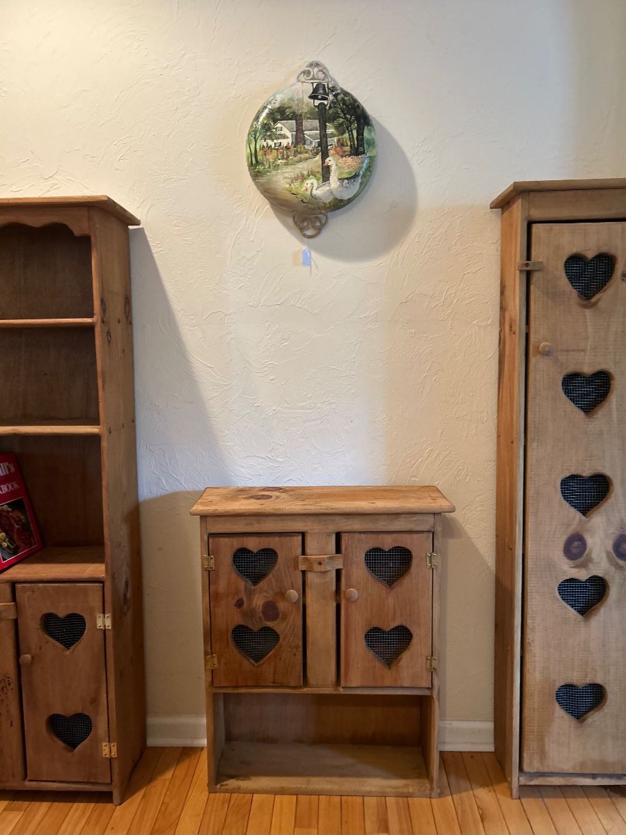 Cottagecore heart cutout handmade pine furniture pieces.