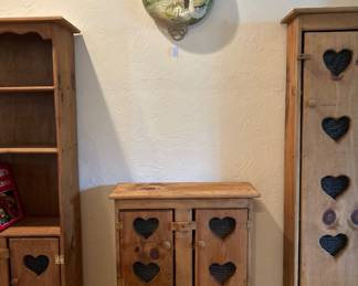 Cottagecore heart cutout handmade pine furniture pieces.