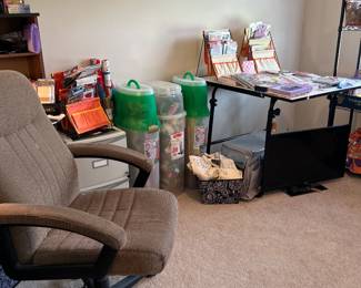 Office chair, Christmas paper lots, drafting table, greeting cards