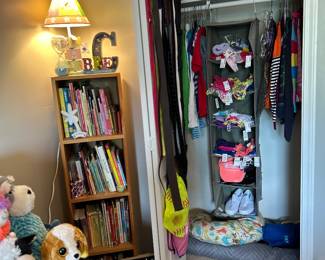 Children’s clothing, books, book shelf, lighting