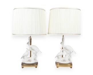 A Pair of White Glazed Porcelain Bird-Form Table Lamps