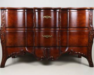 John Widdicomb French Louis XV Style Carved Cherry and Walnut Burl Commode