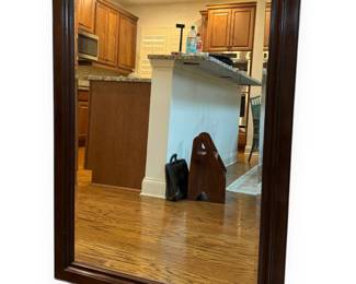 Large Rectangular Beveled Wall Mirror in Mahogany Toned Wood Frame, Dated 1988