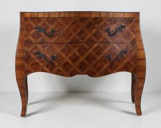Louis XV Style Burl Walnut Parquetry Bombe Commode
