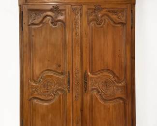 French Provincial Louis XV Style Carved Wood Marriage Armoire
