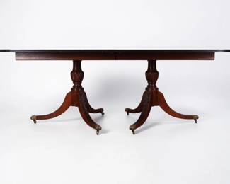 Regency Revival Mahogany Twin Pedestal Dining Table with Two Leaves