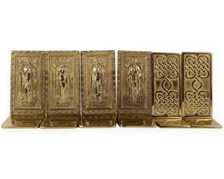 A Set of Virginia Metalcrafters Polished Solid Brass Bookends Including Library of Congress and Celtic Knot Patterns
