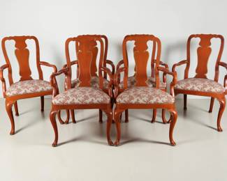 Set of Six Queen Anne Style Coral Lacquered Dining Armchairs