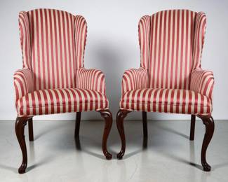 A Pair of Queen Anne Style Wingback Armchairs with Striped Upholstery