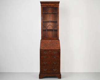 George III Style Narrow Burr Walnut Bureau Bookcase