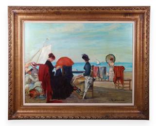 J. Deveau, Large Impressionist Style Beach Scene with Figures, Oil on Canvas