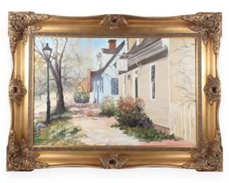 Gene Mandrick, Colonial Street Scene, Oil on Canvas (Signed)