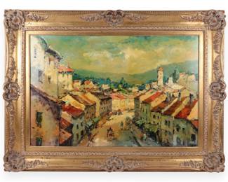 T. Cole, European Street Scene with Figures and Carriages, Oil on Canvas