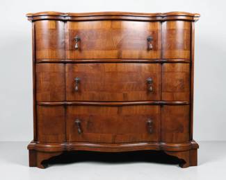 Trouvailles Continental Style Serpentine Burl Walnut Veneer Three Drawer Chest