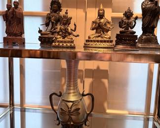 Antique Buddhas and a Bronze Mounted Tiffany Favrile Vase