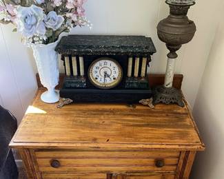 Oak Washstand, Antique Clock and Oil Lamp