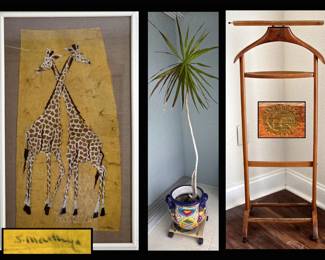 Framed Signed Giraffe Batik, Talavera Pot and Italian Valet
