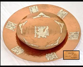 Copper & Sterling Silver Platter and Copper & Sterling Silver Bowl Marked Vichy Made in Peru