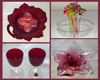 Ruby Leaf Dish, Glass Shells, Flamingo Stirsticks, Ruby Cordials and Murano Bowl