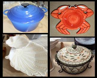 Le Creuset Pot, Crab Dish, Shell Chip and Dip Platter and Temptations Lidded Bowl