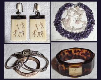 Sterling Earrings, Amethyst Necklace, Bangles and Faux Turtle Shell Watch