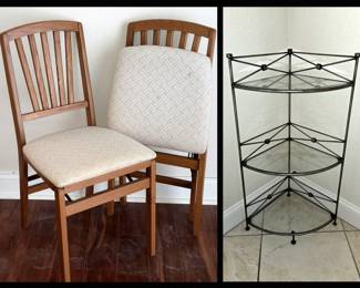 Pair of Folding Chairs and Small Metal and Glass Corner Shelf